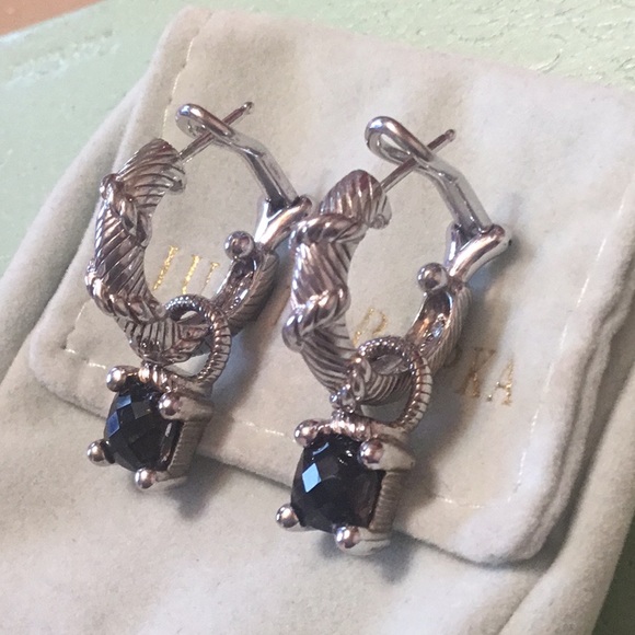 Vintage Judith Ripka Hoop Earrings With Natural Cushion Cut Smoky Quartz Charms - Picture 3 of 15
